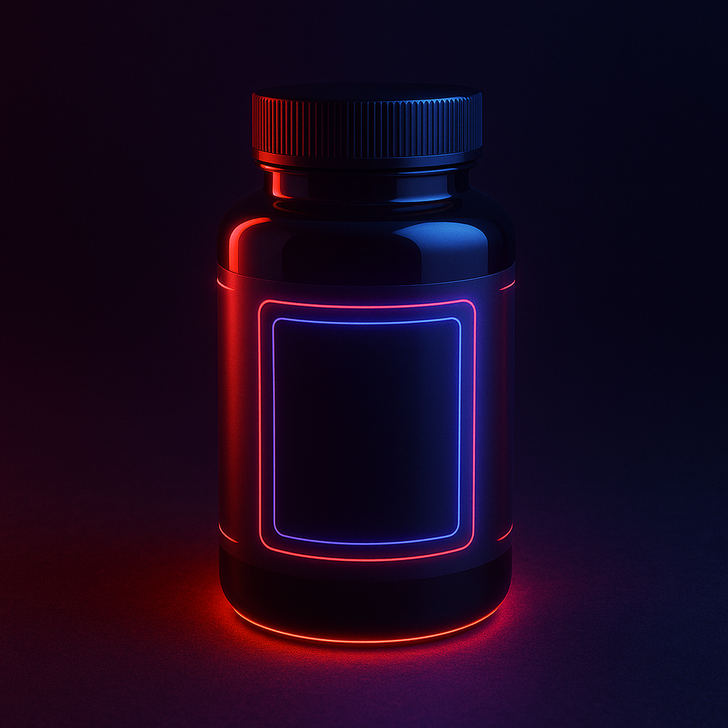 Futuristic AI-inspired supplement bottle