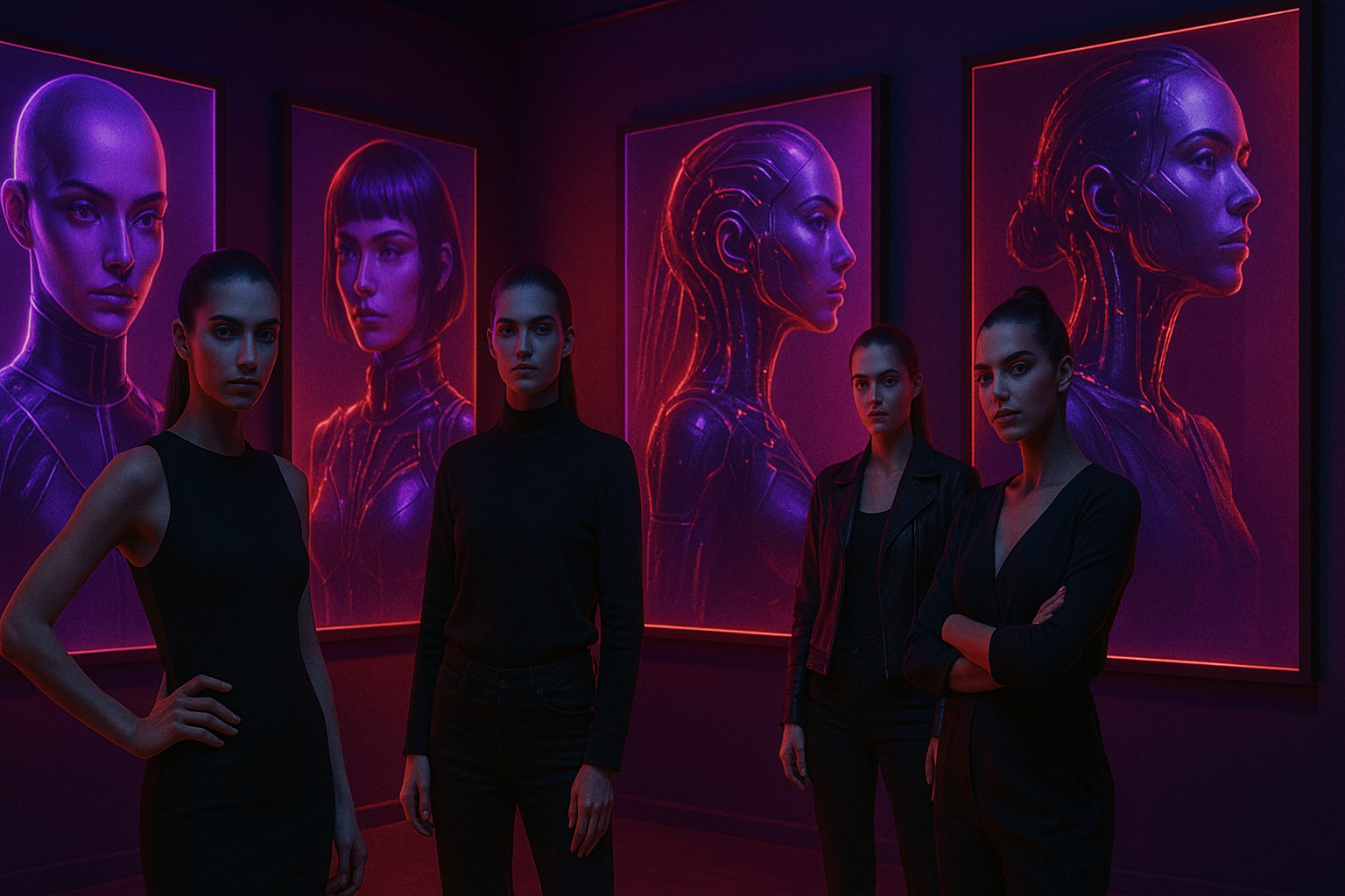 Futuristic AI model wallpapers in 4K neon cyberpunk style