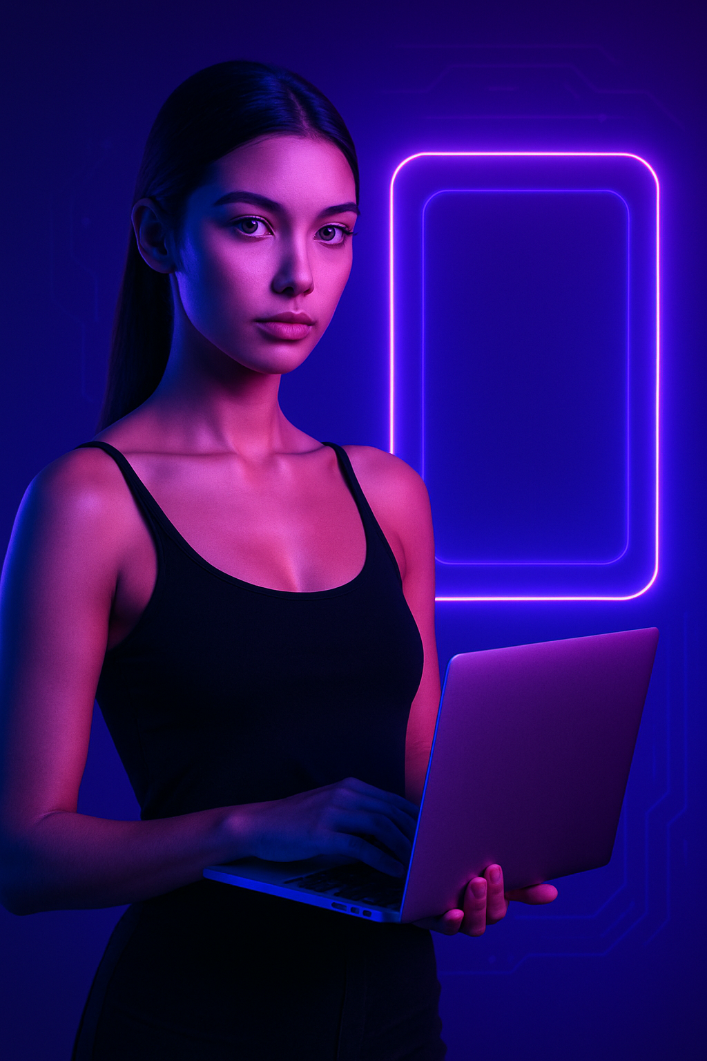 Woman with laptop and neon background – digital products collection