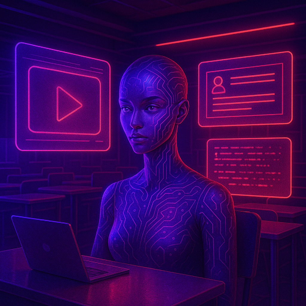 Futuristic AI creator studying with neon laptop
