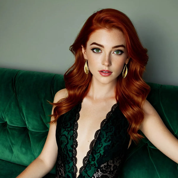 Redhead model Maya Ember sitting confidently – bold art print for interiors