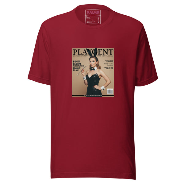 Playgent “Bunny Revival — The Return of Classic Glam” vintage magazine parody graphic on unisex T-shirt