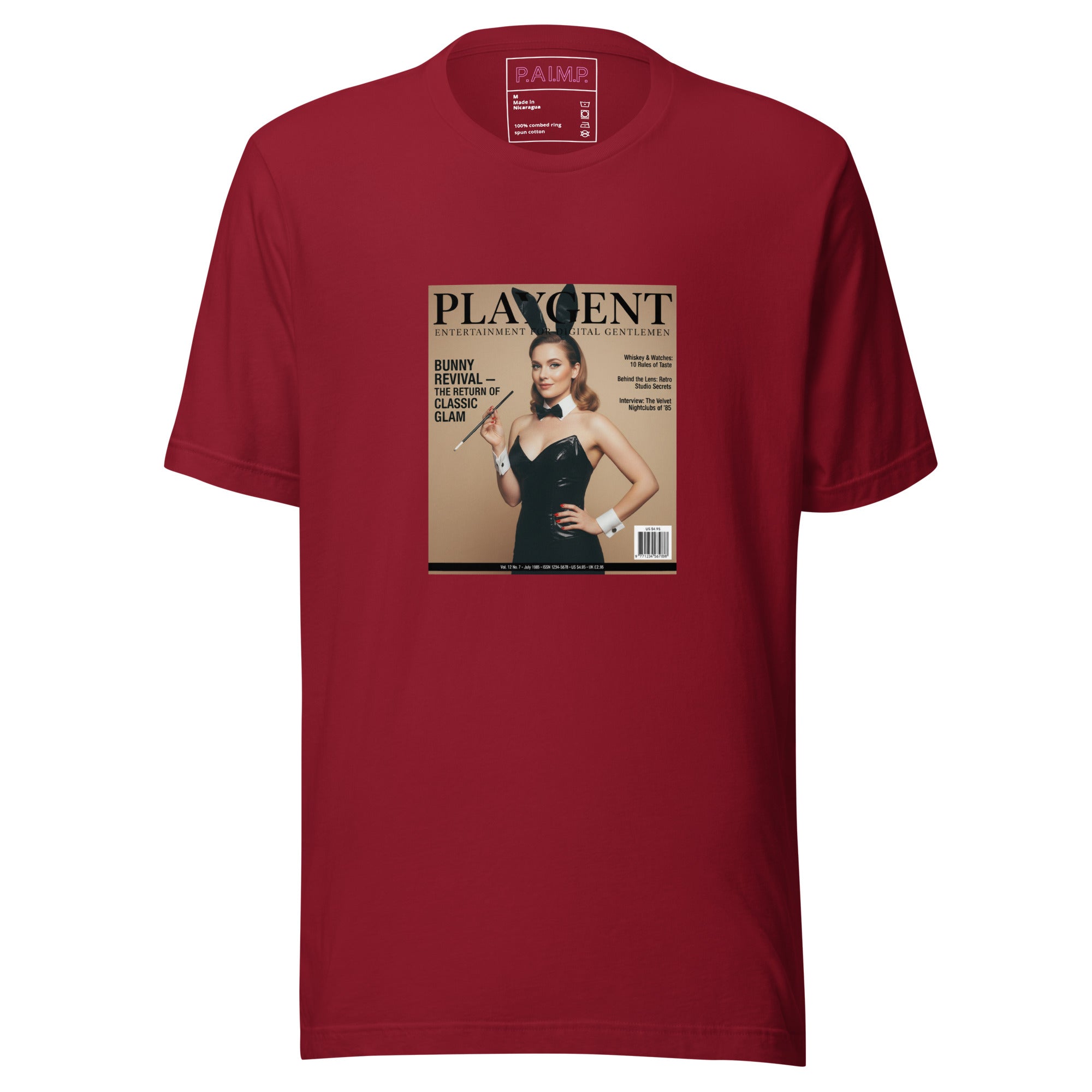 Playgent “Bunny Revival — The Return of Classic Glam” vintage magazine parody graphic on unisex T-shirt