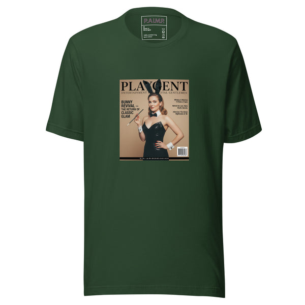 Playgent “Bunny Revival — The Return of Classic Glam” vintage magazine parody graphic on unisex T-shirt