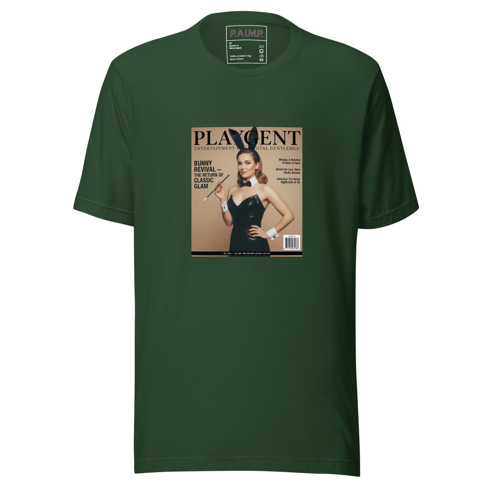 Playgent “Bunny Revival — The Return of Classic Glam” vintage magazine parody graphic on unisex T-shirt