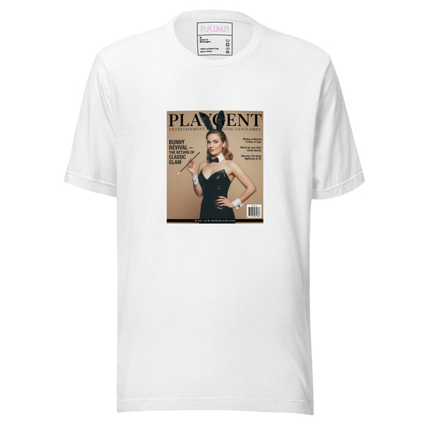 Playgent “Bunny Revival — The Return of Classic Glam” vintage magazine parody graphic on unisex T-shirt