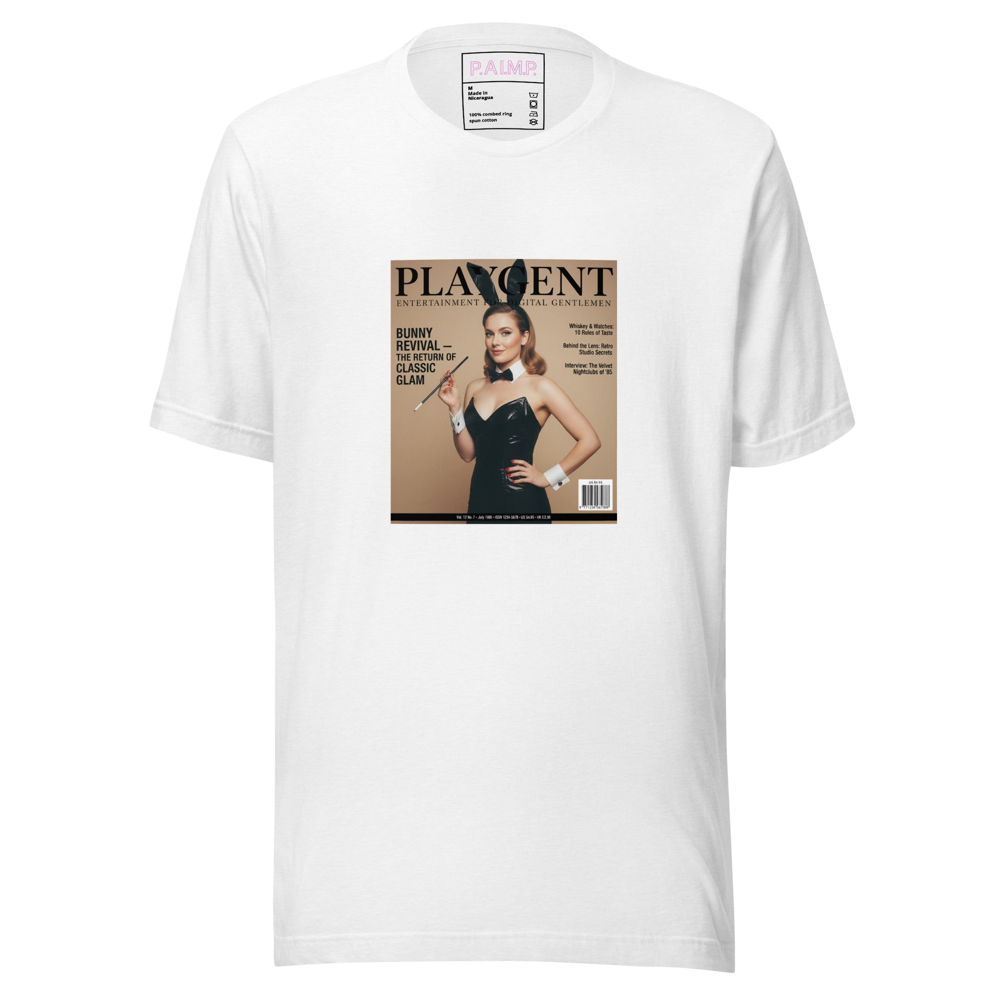 Playgent “Bunny Revival — The Return of Classic Glam” vintage magazine parody graphic on unisex T-shirt