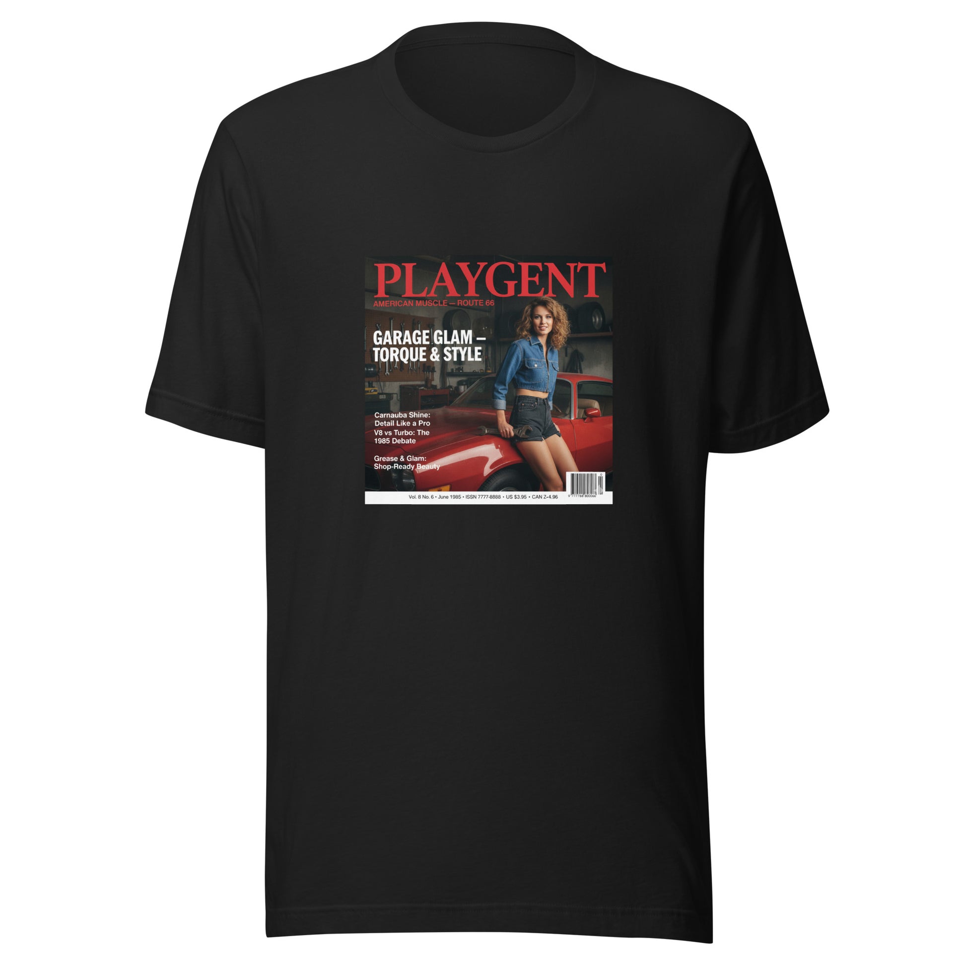 Playgent “Garage Glam — Route 66” vintage magazine parody graphic on unisex T-shirt