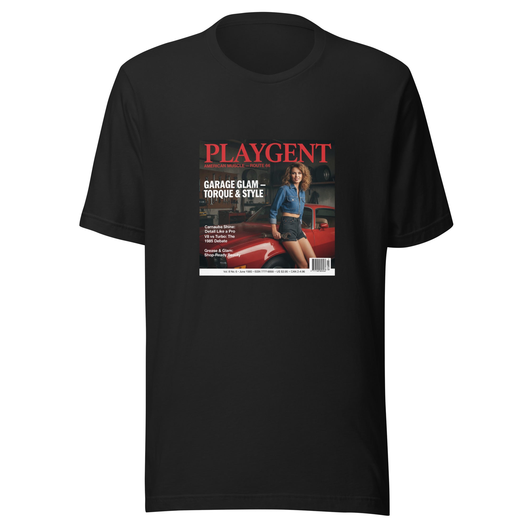 Playgent “Garage Glam — Route 66” vintage magazine parody graphic on unisex T-shirt